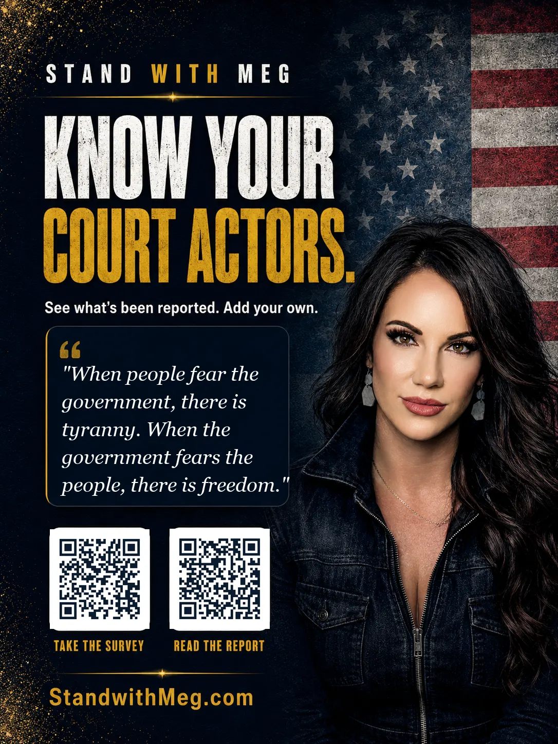 Know Your Court Actors — Stand With Meg campaign poster with survey and report QR codes